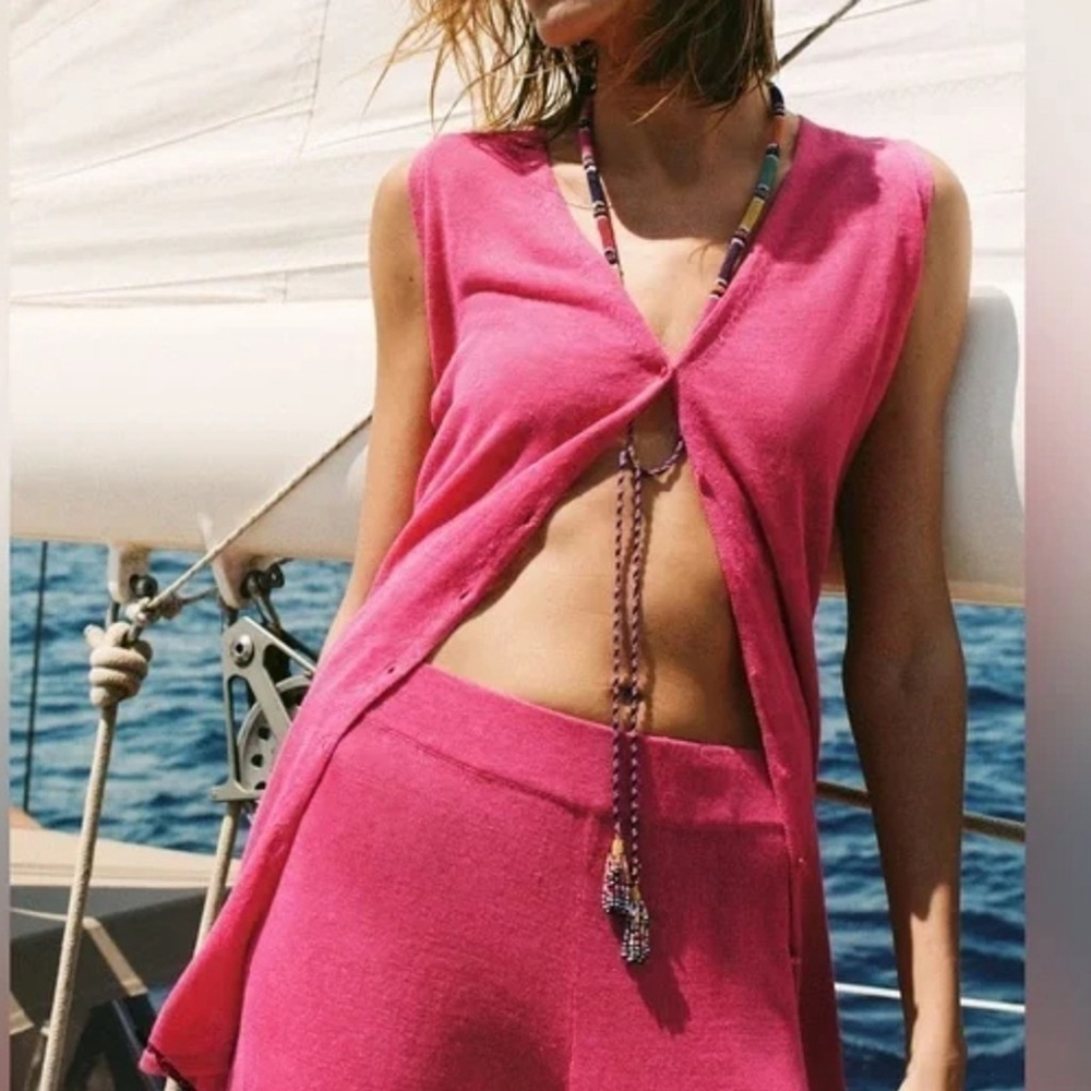 ZARA Hot Pink Linen Blend Longline Vest Cardigan Sz S Indie Sleaze Barbiecore
